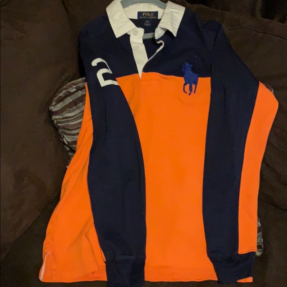 Blue and orange polo collared shirt